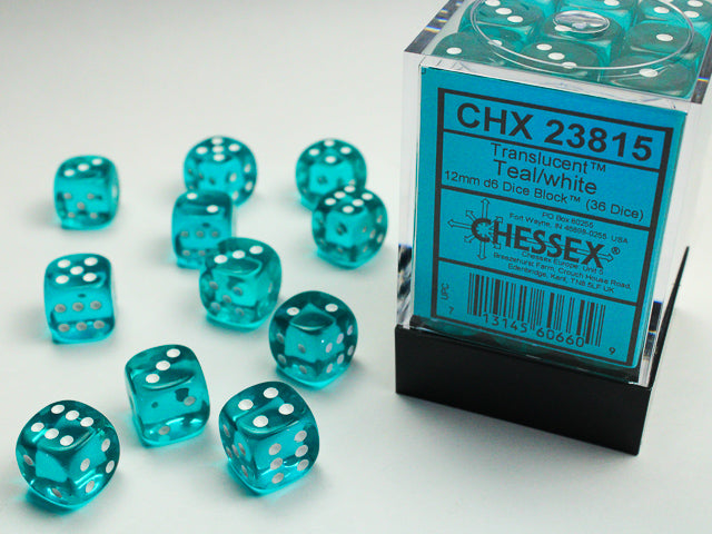 Translucent 12mm d6 Teal/white Dice Block™ (36 dice)