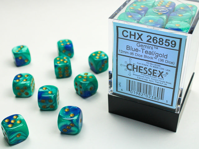 Gemini® 12mm d6 Blue-Teal/gold Dice Block™ (36 dice)