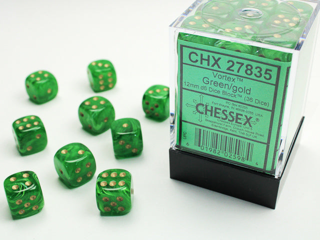 Vortex® 12mm d6 Green/Gold Dice Block™ (36 dice)