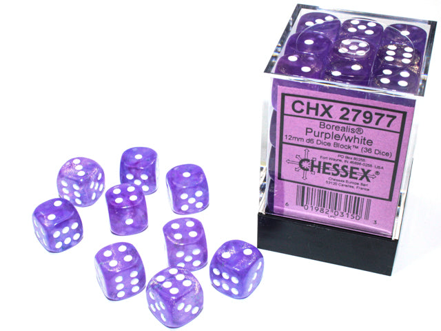 Borealis® 12mm d6 Purple/white Luminary™ Dice Block™ (36 dice)