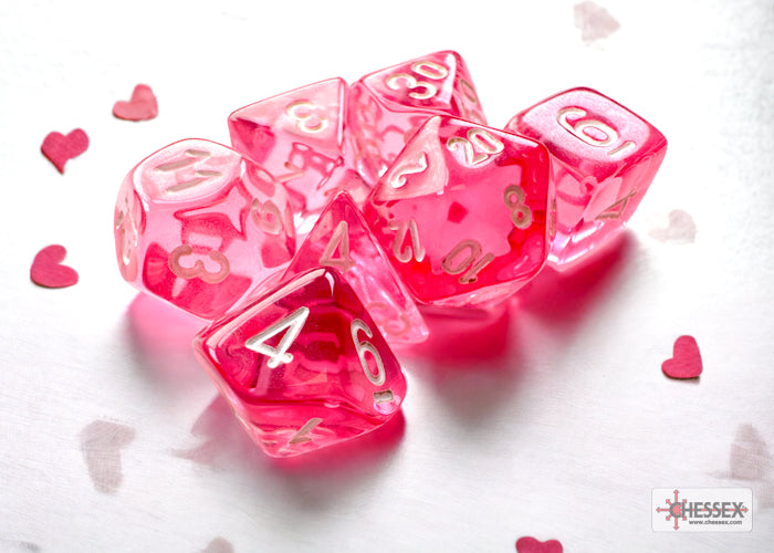 Translucent Pink/White Mini-Polyhedral 7-Dice Set
