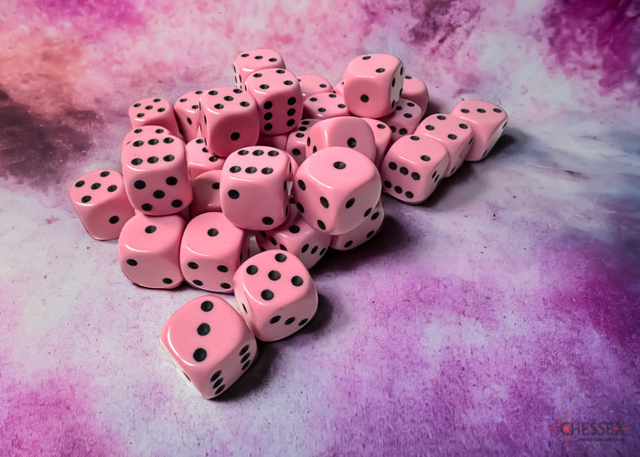 Chessex Opaque Pastel Pink/Black 12mm d6 Dice Block (36 dice)
