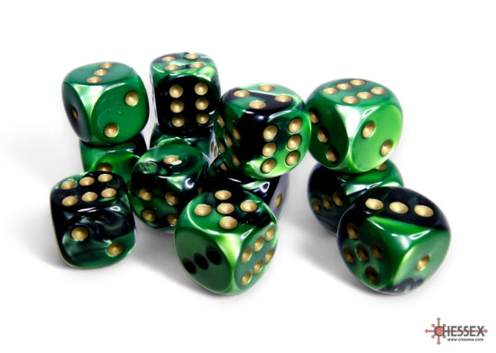 Gemini® 16mm d6 Black-Green/gold Dice Block™ (12 dice)