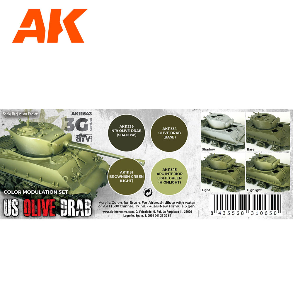 AK Modulation Series: US Olive Drab Acrylic Paint Set AK11643