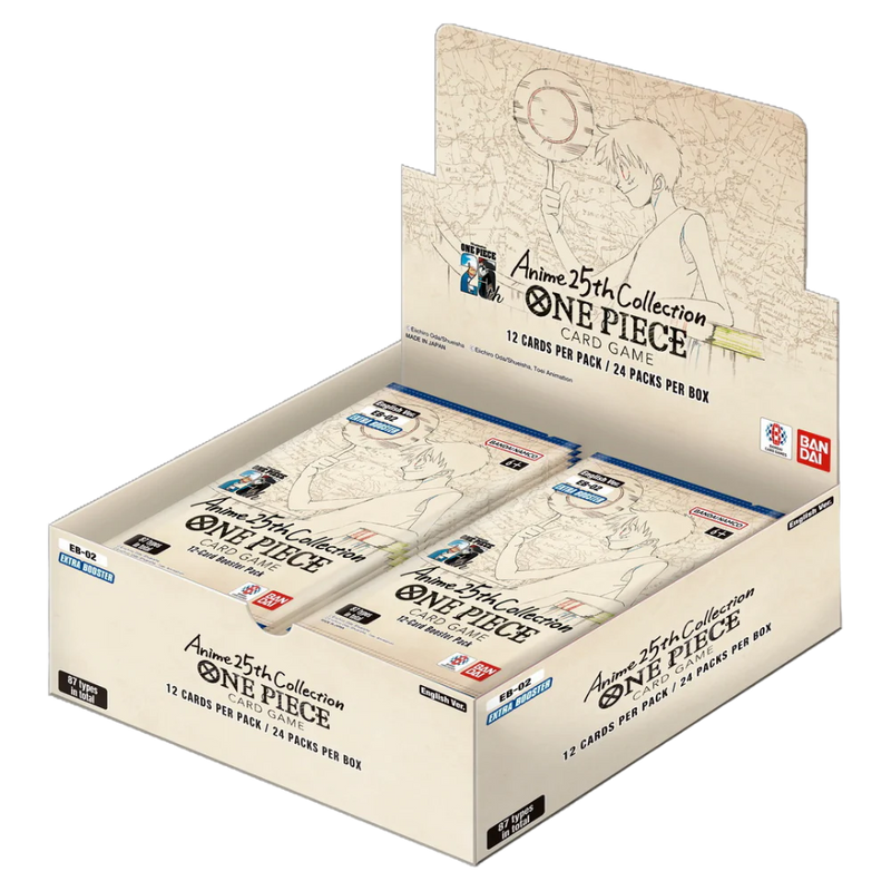 A box of 'One Piece TCG: Extra Booster - Anime 25th Collection' trading cards with illustrations likely related to the anime series.