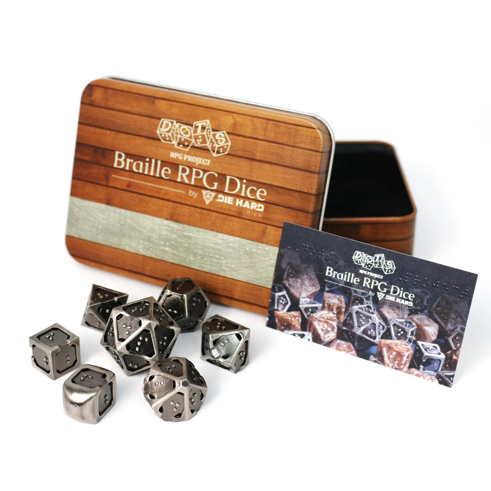 Die Hard Dice - 7pc RPG Set: Braille Metal Hollow Silver Ingot